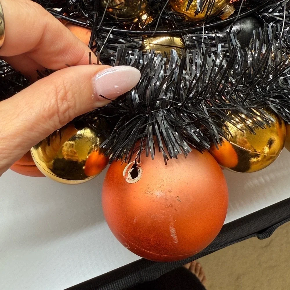 Halloween Shatterproof Ornament  Orange Black Gold Shiny Wreath Festive Spooky